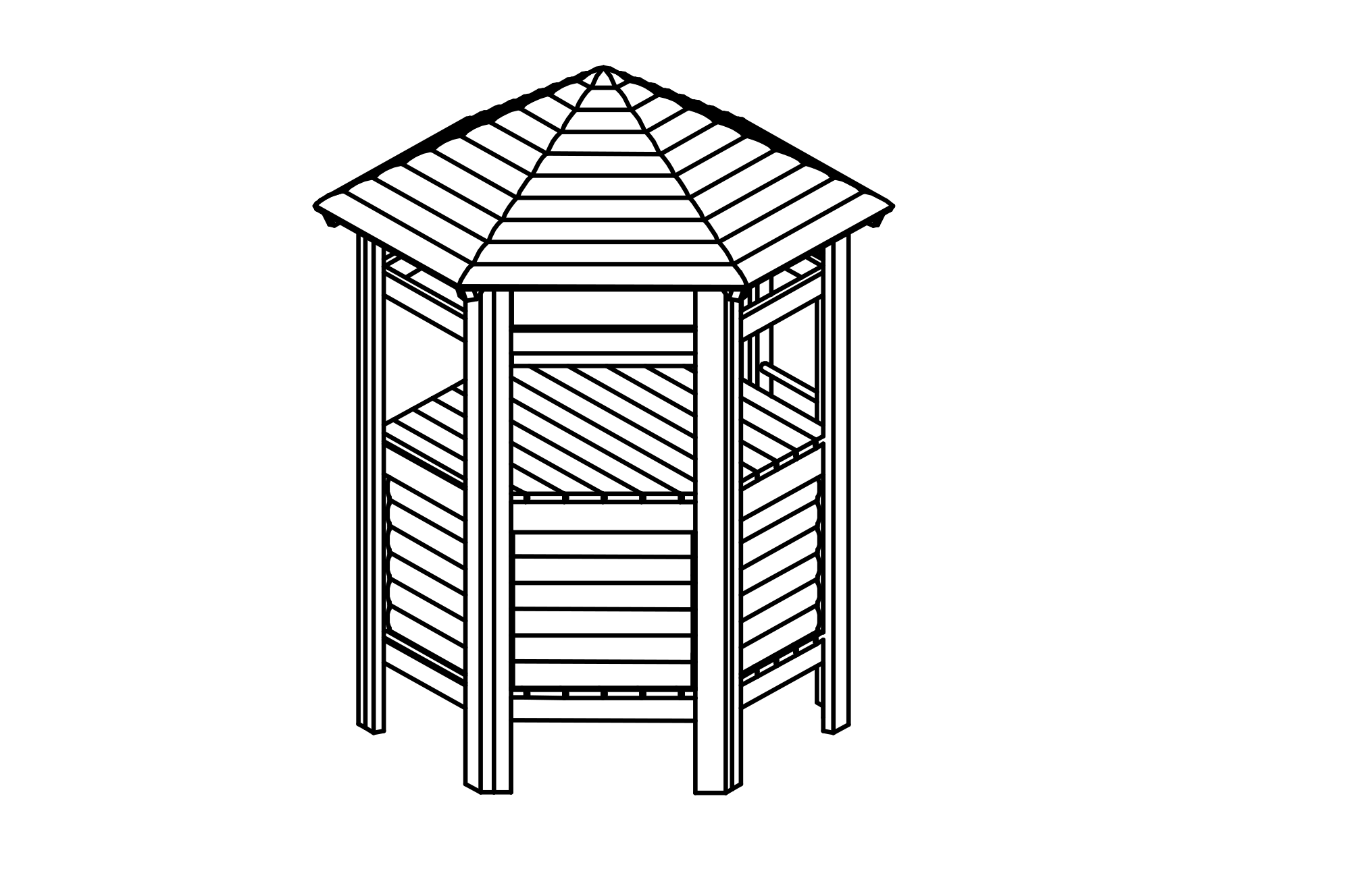 Hexagonal Hut with roof, walls and bench